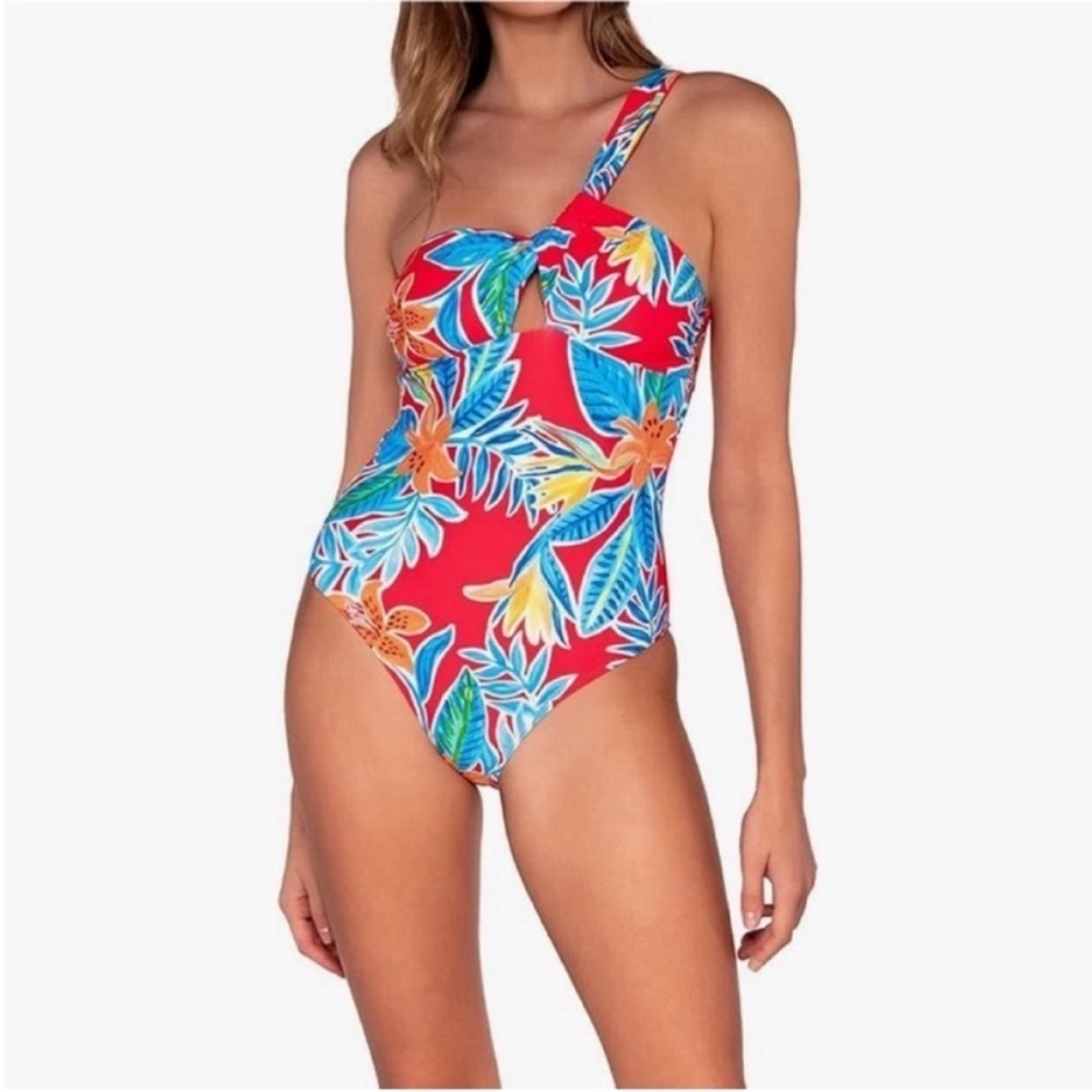 Sunsets One Piece Swimsuit One Shoulder Open Back Floral Red Blue Size Large